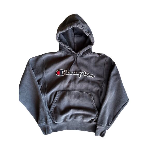 Champion Reverse Weave Embroidered Chain Stitched Logo Medium Faded Black Hoodie - Picture 1 of 7